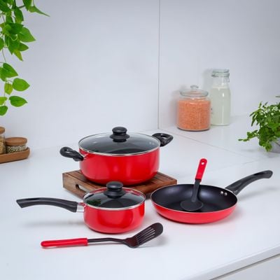 Royalford 7-Piece Non-Stick Press Aluminum Cookware Set- RF11952| Aluminum Body With 3-Layer Non-Stick Coating, CD Bottom, Bakelite Handles And Glass Lid| Includes Casserole, Saucepan, Fry Pan, Nylon Kitchen Tools| PFOA-Free, Non-Stick Interior| Red