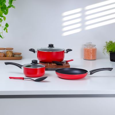 Royalford 7-Piece Non-Stick Press Aluminum Cookware Set- RF11952| Aluminum Body With 3-Layer Non-Stick Coating, CD Bottom, Bakelite Handles And Glass Lid| Includes Casserole, Saucepan, Fry Pan, Nylon Kitchen Tools| PFOA-Free, Non-Stick Interior| Red