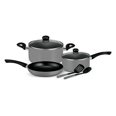 Royalford 7-Piece Non-Stick Press Aluminum Cookware Set- RF11953| Aluminum Body With 3-Layer Non-Stick Coating, CD Bottom, Bakelite Handles And Glass Lid| Includes Casserole, Saucepan, Fry Pan, Nylon Kitchen Tools| PFOA-Free, Non-Stick Interior| Grey