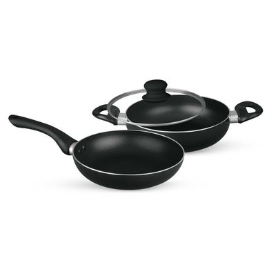 Royalford 3 Piece Nonstick Cookware Set- RF11958/ Strong Aluminum Body with Non-Stick Coating Interior and Bakelite Handle/ Includes a Kadai with Tempered Glass Lid and a Frypan, Compatible with Hot Plate, Halogen, Ceramic and Gas Stovetops/ Perfect for Frying, Sauting, Tempering/ Black