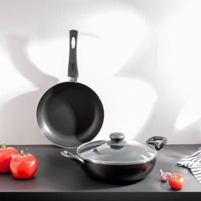 Royalford 3 Piece Nonstick Cookware Set- RF11958/ Strong Aluminum Body with Non-Stick Coating Interior and Bakelite Handle/ Includes a Kadai with Tempered Glass Lid and a Frypan, Compatible with Hot Plate, Halogen, Ceramic and Gas Stovetops/ Perfect for Frying, Sauting, Tempering/ Black