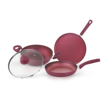 Royalford 4-piece Granite Cookware Set- RF11959/ Press Aluminum Body with Durable 5 Layer Coating/ Dot Induction Base, Heat-Resistant Bakelite Handles and Tempered Glass Lid with Steam Release Vent/ Includes Kadai, Fry Pan, Tawa