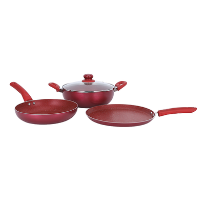 Royalford 4-piece Granite Cookware Set- RF11959/ Press Aluminum Body with Durable 5 Layer Coating/ Dot Induction Base, Heat-Resistant Bakelite Handles and Tempered Glass Lid with Steam Release Vent/ Includes Kadai, Fry Pan, Tawa