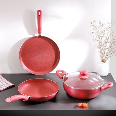 Royalford 4-piece Granite Cookware Set- RF11959/ Press Aluminum Body with Durable 5 Layer Coating/ Dot Induction Base, Heat-Resistant Bakelite Handles and Tempered Glass Lid with Steam Release Vent/ Includes Kadai, Fry Pan, Tawa