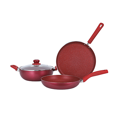 Royalford 4-piece Granite Cookware Set- RF11959/ Press Aluminum Body with Durable 5 Layer Coating/ Dot Induction Base, Heat-Resistant Bakelite Handles and Tempered Glass Lid with Steam Release Vent/ Includes Kadai, Fry Pan, Tawa