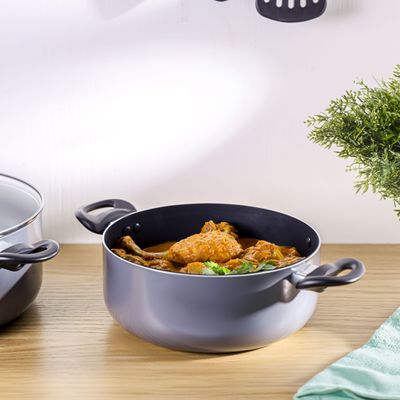 Royalford 10 Piece Non-Stick Cookware Set- RF11972| Press Aluminum Body with 3 Layer Coating | CD Base, Bakelite Handles and Tempered Glass Lid| Includes Casseroles, Saucepan, Fry Pan, Nylon Spoon and Turner| Grey