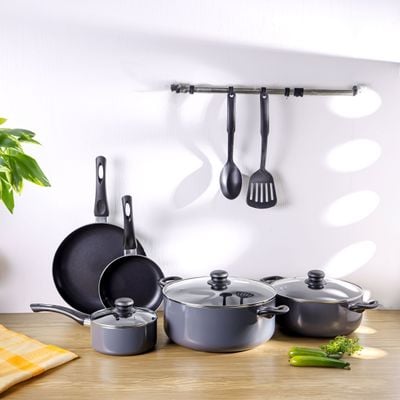 Royalford 10 Piece Non-Stick Cookware Set- RF11972| Press Aluminum Body with 3 Layer Coating | CD Base, Bakelite Handles and Tempered Glass Lid| Includes Casseroles, Saucepan, Fry Pan, Nylon Spoon and Turner| Grey