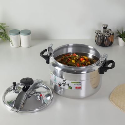 Royalford 18.0 L Aluminum Pressure Cooker- RF11980| Equipped with Multi-Safety Device and Unique Pressure Indicator| Durable Aluminum Alloy Construction with Firm Handles| Compatible with Gas, Ceramic and Halogen Cooktops| Silver 