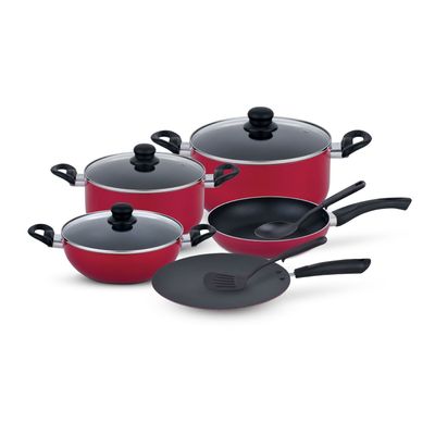 Royalford 10-Piece Non-Stick Cookware Set- RF12146/ Aluminum Body with 2.5 mm Thickness, Spiral Bottom, Bakelite Handles and Glass Lid/ Includes Casserole, Wokpan, Fry Pan, Tawa, Nylon Kitchen Tools, PFOA-Free/ Red