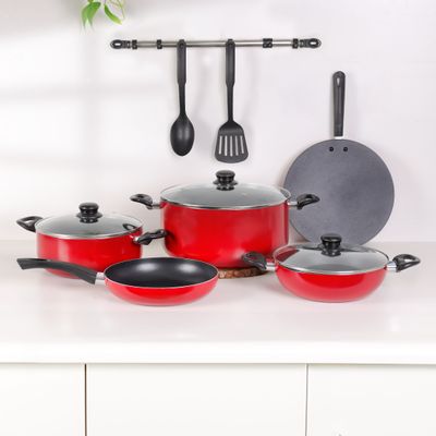 Royalford 10-Piece Non-Stick Cookware Set- RF12146/ Aluminum Body with 2.5 mm Thickness, Spiral Bottom, Bakelite Handles and Glass Lid/ Includes Casserole, Wokpan, Fry Pan, Tawa, Nylon Kitchen Tools, PFOA-Free/ Red