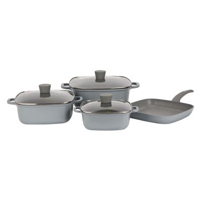 Royalford 7-piece Die-Cast Aluminum Cookware Set- RF12487/ Granite Coated with 2.2 mm Thickness, Induction Base, Handles and Glass Lid/ Includes Casserole with Lid and Grill Pan/ Grey