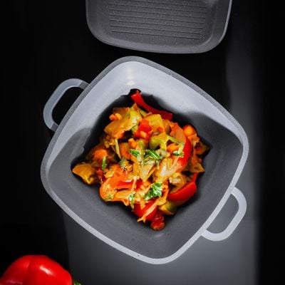 Royalford 7-piece Die-Cast Aluminum Cookware Set- RF12487/ Granite Coated with 2.2 mm Thickness, Induction Base, Handles and Glass Lid/ Includes Casserole with Lid and Grill Pan/ Grey