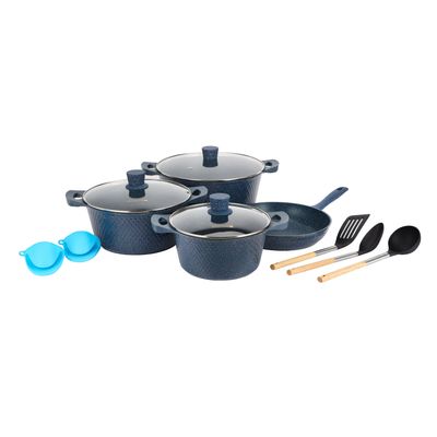 Royalford 12-piece Chef Pride Die-Cast Aluminum Cookware Set- RF12488/ Granite Coated with 2.5 mm Thickness, Induction Base, Handles and Glass Lid/ Includes Casserole, Fry Pan, Silicone Holder, Nylon Ladle, Spoon and Slotted Turner/ Blue