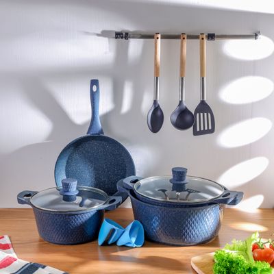 Royalford 12-piece Chef Pride Die-Cast Aluminum Cookware Set- RF12488/ Granite Coated with 2.5 mm Thickness, Induction Base, Handles and Glass Lid/ Includes Casserole, Fry Pan, Silicone Holder, Nylon Ladle, Spoon and Slotted Turner/ Blue