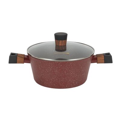 Royalford 10-piece Chef Choice Non-Stick Cookware Set- RF12491/ Forged Aluminum Body, Granite Coated with 2.5 mm Thickness, Induction Base, Wooden-Finish Bakelite Handles and Glass Lid/ Includes Casserole, Fry Pan, Saucepan, 3 Nylon Tool/ Maroon