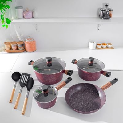 Royalford 10-piece Chef Choice Non-Stick Cookware Set- RF12491/ Forged Aluminum Body, Granite Coated with 2.5 mm Thickness, Induction Base, Wooden-Finish Bakelite Handles and Glass Lid/ Includes Casserole, Fry Pan, Saucepan, 3 Nylon Tool/ Maroon