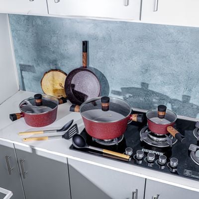 Royalford 10-piece Chef Choice Non-Stick Cookware Set- RF12491/ Forged Aluminum Body, Granite Coated with 2.5 mm Thickness, Induction Base, Wooden-Finish Bakelite Handles and Glass Lid/ Includes Casserole, Fry Pan, Saucepan, 3 Nylon Tool/ Maroon