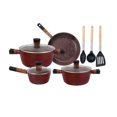 Royalford 10-piece Chef Choice Non-Stick Cookware Set- RF12491/ Forged Aluminum Body, Granite Coated with 2.5 mm Thickness, Induction Base, Wooden-Finish Bakelite Handles and Glass Lid/ Includes Casserole, Fry Pan, Saucepan, 3 Nylon Tool/ Maroon