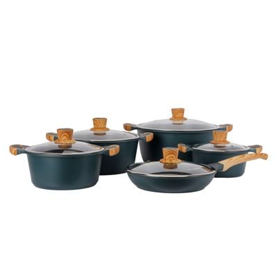 Royalford 10-piece Royal Emerald Die-Cast Aluminum Cookware Set- RF12508/ Granite Coated, with 4 mm Induction Base, Wood-Finish Handles and Tempered Glass Lid/ Includes Casseroles and Fry Pan/ Blue