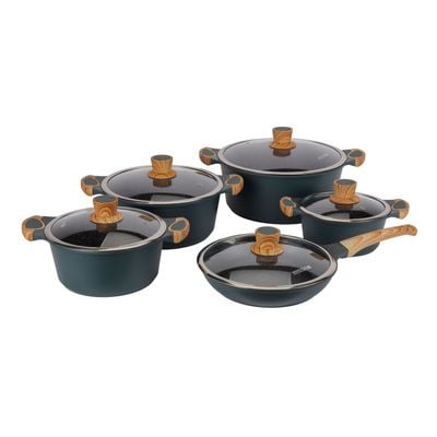 Royalford 10-piece Royal Emerald Die-Cast Aluminum Cookware Set- RF12508/ Granite Coated, with 4 mm Induction Base, Wood-Finish Handles and Tempered Glass Lid/ Includes Casseroles and Fry Pan/ Blue