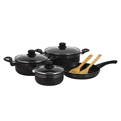 Royalford 9-piece Ritz Plus Cookware Set- RF12514/ Marble Coated and Press Aluminum Body, with Dot Induction Base, Bakelite Handles and Lid/ Includes Casseroles, Saucepan, Bamboo Kitchen Tools and Fry Pan/ Black