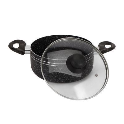 Royalford 9-piece Ritz Plus Cookware Set- RF12514/ Marble Coated and Press Aluminum Body, with Dot Induction Base, Bakelite Handles and Lid/ Includes Casseroles, Saucepan, Bamboo Kitchen Tools and Fry Pan/ Black