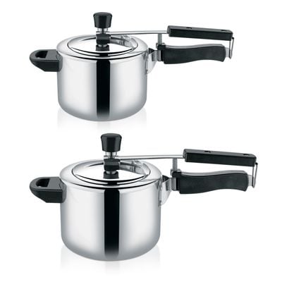 Royalford 5 liter and 3 liters Aluminum Pressure Cooker Combo- RF12554/ Equipped with Improved Pressure Regulator and Inner Lid/ Durable Construction with Firm and Comfortable Handles/ Non-Induction Base, Compatible with Gas, Hotplate, Ceramic and Halogen Cooktops/ Silver, 5 Year Warranty