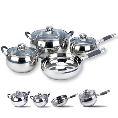 Royalford RF5123 Stainless Steel Induction Safe 7PCs - 2 Casserole, Saucepan Pots with Lids, and Frypan - Induction Safe Non-Stick Cookware Set - Riveted Handles - Cookware Casserole Stock Pots