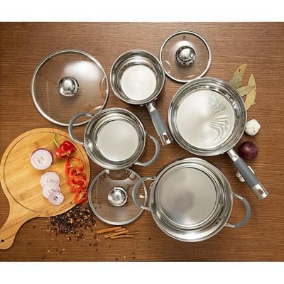 Royalford RF5123 Stainless Steel Induction Safe 7PCs - 2 Casserole, Saucepan Pots with Lids, and Frypan - Induction Safe Non-Stick Cookware Set - Riveted Handles - Cookware Casserole Stock Pots