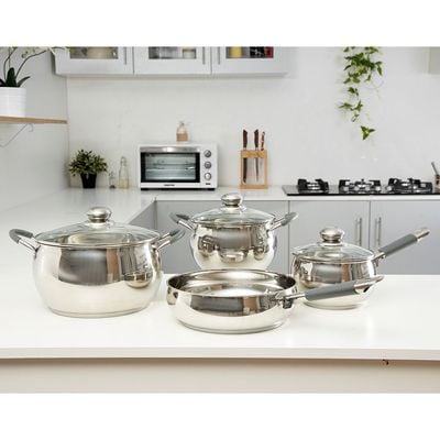 Royalford RF5123 Stainless Steel Induction Safe 7PCs - 2 Casserole, Saucepan Pots with Lids, and Frypan - Induction Safe Non-Stick Cookware Set - Riveted Handles - Cookware Casserole Stock Pots