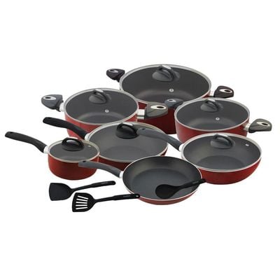 Royalford RF5857 16Pcs Non-Stick Cookware - Induction Pans with Coating Toughened Glass Lids and Heat-Resistant Handles | Toughened Glass Lids with Handle | Turner, Striped Turner & Serving Spoon