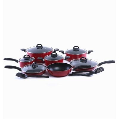 Royalford RF5857 16Pcs Non-Stick Cookware - Induction Pans with Coating Toughened Glass Lids and Heat-Resistant Handles | Toughened Glass Lids with Handle | Turner, Striped Turner & Serving Spoon