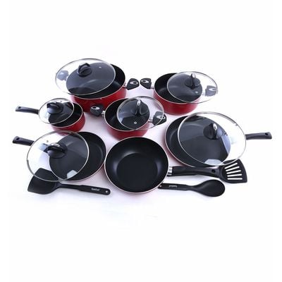 Royalford RF5857 16Pcs Non-Stick Cookware - Induction Pans with Coating Toughened Glass Lids and Heat-Resistant Handles | Toughened Glass Lids with Handle | Turner, Striped Turner & Serving Spoon