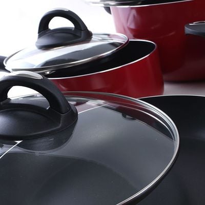 Royalford RF5857 16Pcs Non-Stick Cookware - Induction Pans with Coating Toughened Glass Lids and Heat-Resistant Handles | Toughened Glass Lids with Handle | Turner, Striped Turner & Serving Spoon