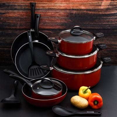 Royalford RF5857 16Pcs Non-Stick Cookware - Induction Pans with Coating Toughened Glass Lids and Heat-Resistant Handles | Toughened Glass Lids with Handle | Turner, Striped Turner & Serving Spoon