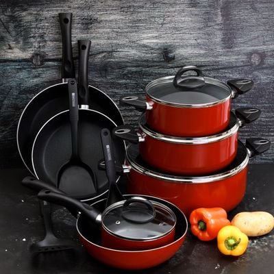 Royalford RF5857 16Pcs Non-Stick Cookware - Induction Pans with Coating Toughened Glass Lids and Heat-Resistant Handles | Toughened Glass Lids with Handle | Turner, Striped Turner & Serving Spoon