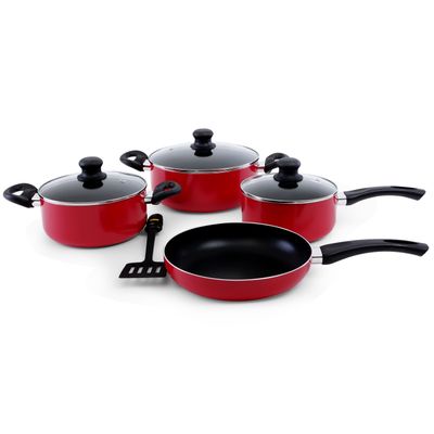 Royalford RF6082 8 Pcs Aluminum Non-Stick Cookware Set - Red - Scratch Resistant, Tempered Glass Lids, 2.5MM Body Thickness, Bakelite Knobs, and CD Bottom