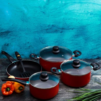 Royalford RF6082 8 Pcs Aluminum Non-Stick Cookware Set - Red - Scratch Resistant, Tempered Glass Lids, 2.5MM Body Thickness, Bakelite Knobs, and CD Bottom