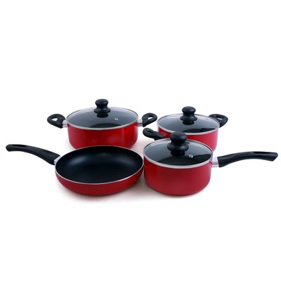 Royalford RF6082 8 Pcs Aluminum Non-Stick Cookware Set - Red - Scratch Resistant, Tempered Glass Lids, 2.5MM Body Thickness, Bakelite Knobs, and CD Bottom