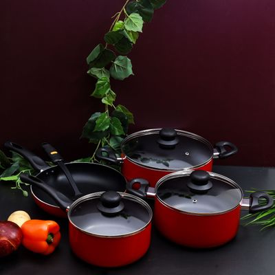 Royalford RF6082 8 Pcs Aluminum Non-Stick Cookware Set - Red - Scratch Resistant, Tempered Glass Lids, 2.5MM Body Thickness, Bakelite Knobs, and CD Bottom