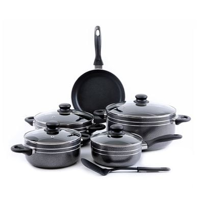 Royalford RF7065 Non-Stick Cookware Set | 10 Pcs | Durable | Heat Resistant Handles Scratch Resistant, Tempered Glass Lids, Uniform Heat, Bakelite Knobs, and Evenly Heating | Nylon Slotted Turner