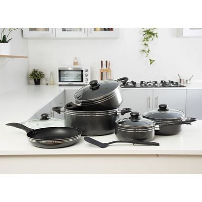 Royalford RF7065 Non-Stick Cookware Set | 10 Pcs | Durable | Heat Resistant Handles Scratch Resistant, Tempered Glass Lids, Uniform Heat, Bakelite Knobs, and Evenly Heating | Nylon Slotted Turner