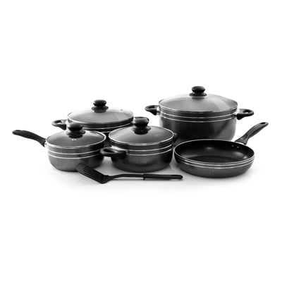 Royalford RF7065 Non-Stick Cookware Set | 10 Pcs | Durable | Heat Resistant Handles Scratch Resistant, Tempered Glass Lids, Uniform Heat, Bakelite Knobs, and Evenly Heating | Nylon Slotted Turner