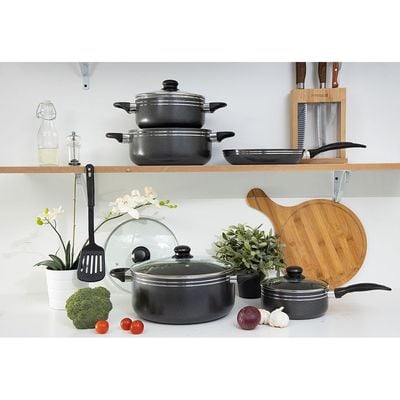 Royalford RF7065 Non-Stick Cookware Set | 10 Pcs | Durable | Heat Resistant Handles Scratch Resistant, Tempered Glass Lids, Uniform Heat, Bakelite Knobs, and Evenly Heating | Nylon Slotted Turner