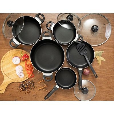 Royalford RF7065 Non-Stick Cookware Set | 10 Pcs | Durable | Heat Resistant Handles Scratch Resistant, Tempered Glass Lids, Uniform Heat, Bakelite Knobs, and Evenly Heating | Nylon Slotted Turner