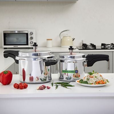 Royalford 5 L and 3 L Aluminum Pressure Cooker Combo- RF8428| Equipped with Multi-Safety Device and Pressure Indicator| Durable Aluminum Alloy Construction with Firm Handles| Non-Induction Base, Compatible with Gas, Electric, Ceramic and Halogen Cooktops| Silver 