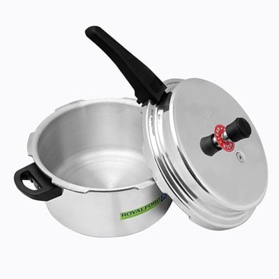 Royalford 5 L and 3 L Aluminum Pressure Cooker Combo- RF8428| Equipped with Multi-Safety Device and Pressure Indicator| Durable Aluminum Alloy Construction with Firm Handles| Non-Induction Base, Compatible with Gas, Electric, Ceramic and Halogen Cooktops| Silver 