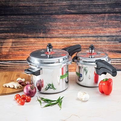 Royalford 5 L and 3 L Aluminum Pressure Cooker Combo- RF8428| Equipped with Multi-Safety Device and Pressure Indicator| Durable Aluminum Alloy Construction with Firm Handles| Non-Induction Base, Compatible with Gas, Electric, Ceramic and Halogen Cooktops| Silver 