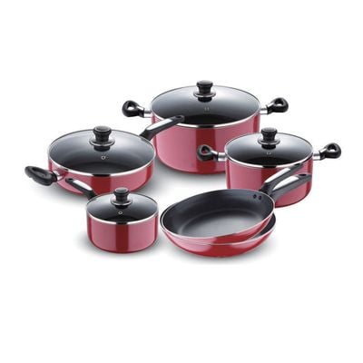 Royalford 10 Pcs Aluminum Non-Stick Cookware Set - Portable Cool Touch Handle Heat Resistant Handles Scratch Resistant, Tempered Glass Lids, Uniform Heat, Bakelite Knobs, & Spiral Bottom