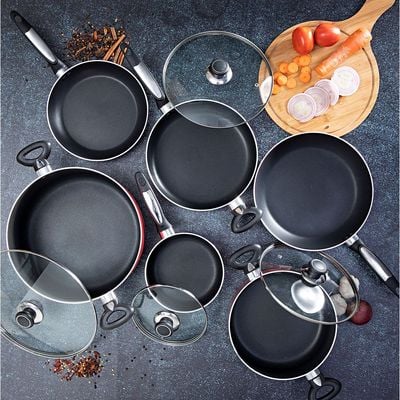 Royalford 10 Pcs Aluminum Non-Stick Cookware Set - Portable Cool Touch Handle Heat Resistant Handles Scratch Resistant, Tempered Glass Lids, Uniform Heat, Bakelite Knobs, & Spiral Bottom